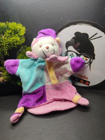 Doudou et compagnie marionnette chat rose violet bleu triangle moustache Bonnet