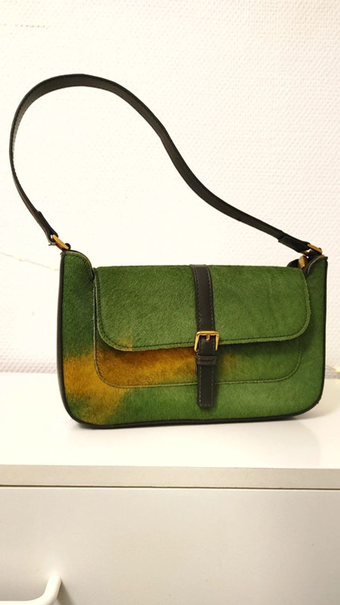 Sac en cuir véritable porté épaule crin de cheval vert jaune - photo numéro 2
