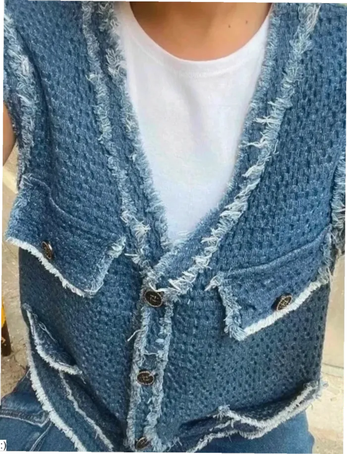 Gilet Femme Sans Manches Tweed Bleu Franges Boutons - Taille M Neuf Jamais Porté