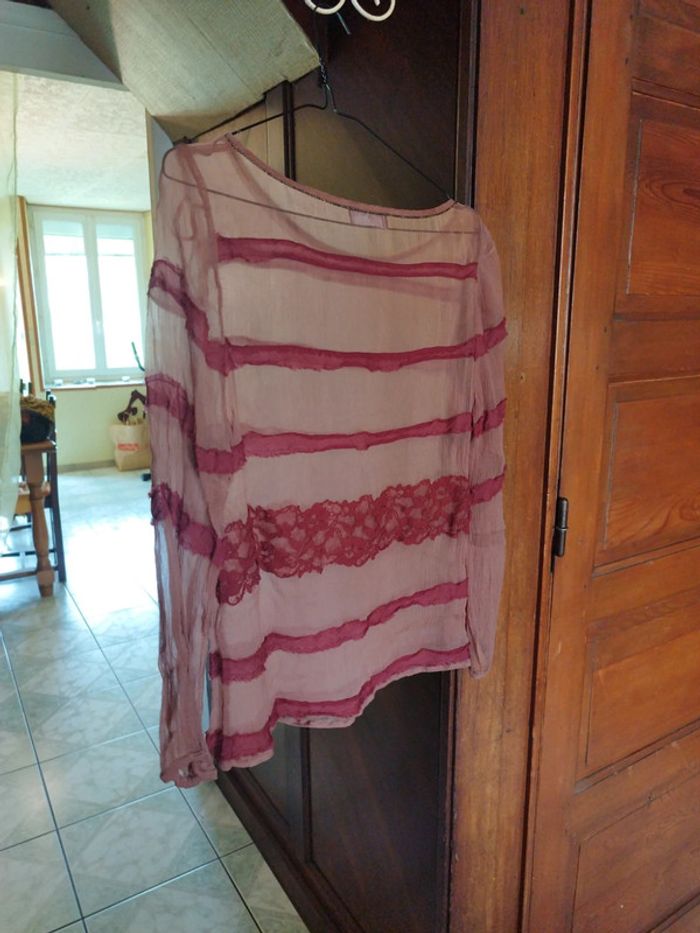 Top blouse rose dentelle col perles vintage M/38 - photo numéro 10