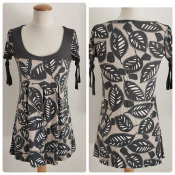 Blouse manches courtes grise et beige Camaïeu taille 38