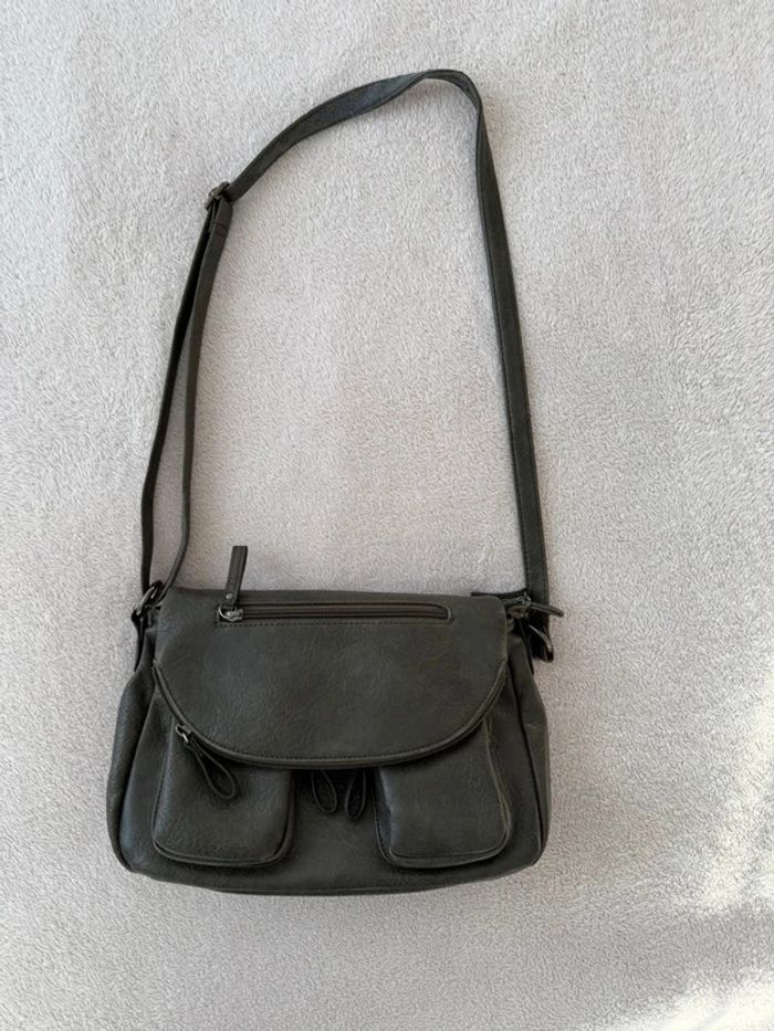 Petit sac à main classe élégant similicuir gris anthracite avec poches extérieures et intérieures