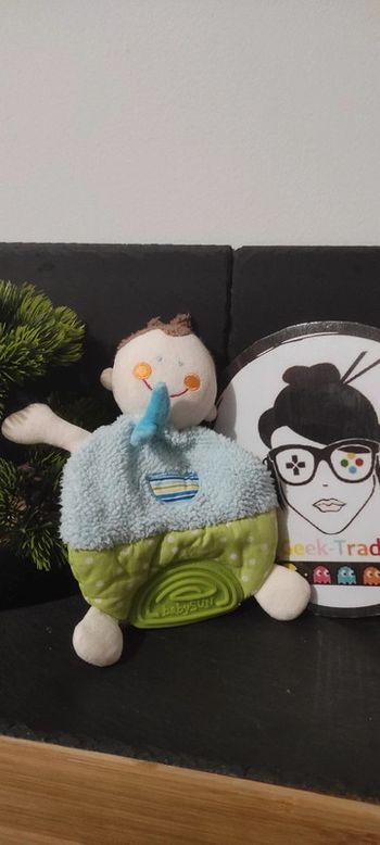 doudou garçon bleu vert babysun écharpe marron dentition pois