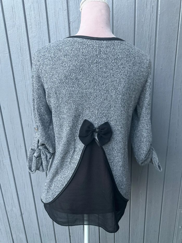Pull gris léger manches longues dos noeud noir - photo numéro 4