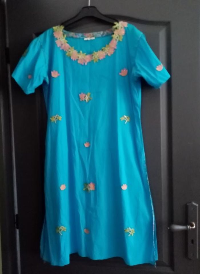 Robe tunique indienne MC broderie & perles turquoise & vert & rose 40/L