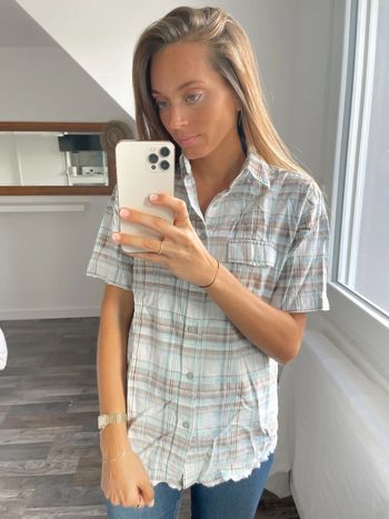 Chemise manches courtes à carreaux beige et bleu Armand Thierry