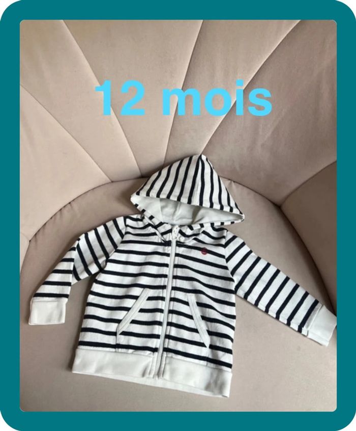 Sweat zippé à capuche marinière 12 mois - Petit Bateau