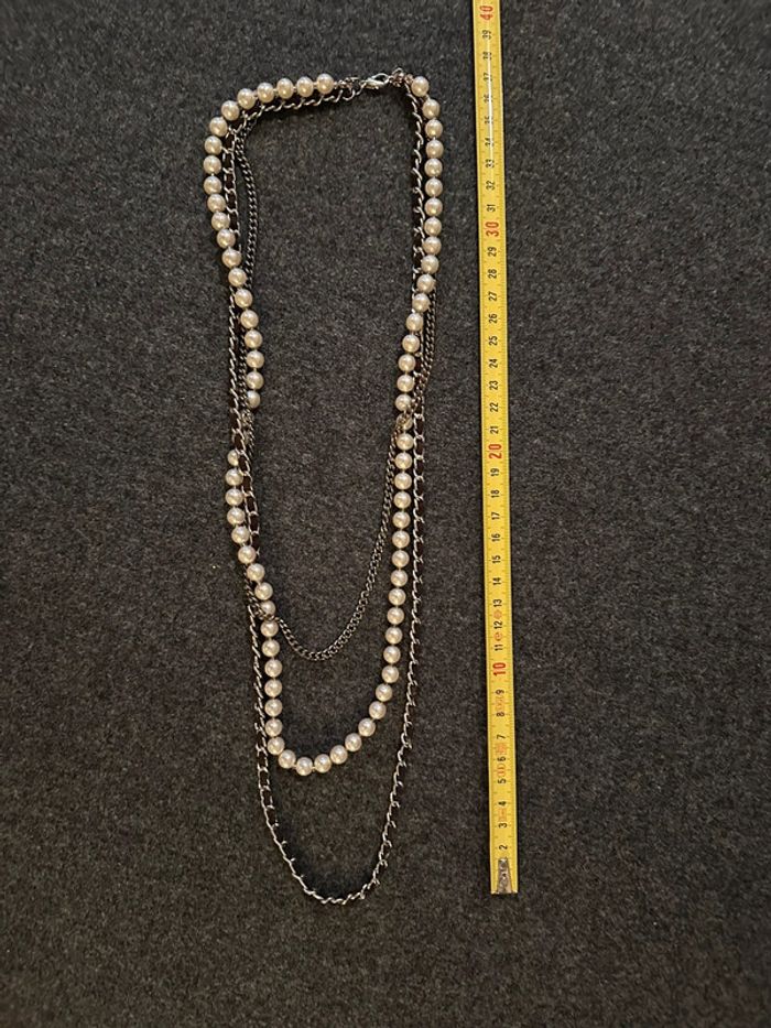 Collier sautoir multi rangs perles et chaînes argentées - photo numéro 5