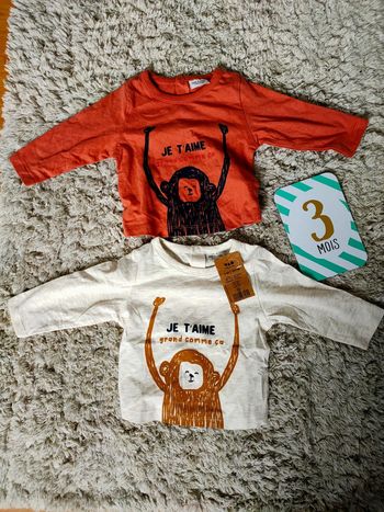 2 T-shirt manches longues 3 mois rouge et beige TAO