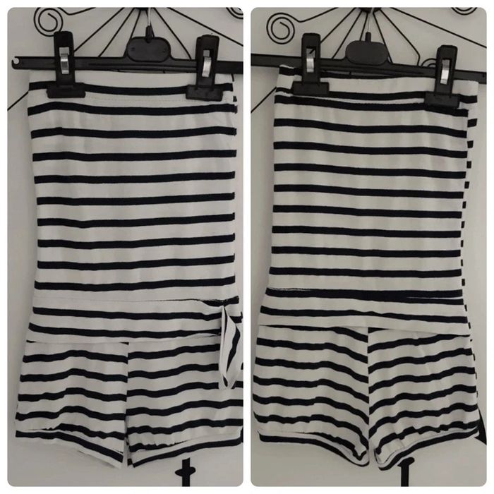 Combi short marinière épaules dénudées bleu marine et blanche taille 6 ans