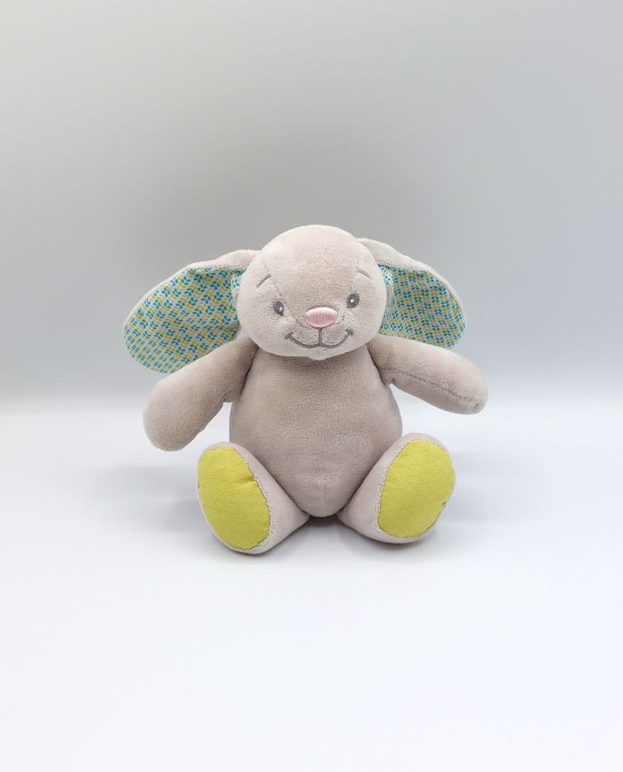 Peluche doudou lapin gris LUC ET LEA vert bleu 20 cm Océan Terre Biotechnologie