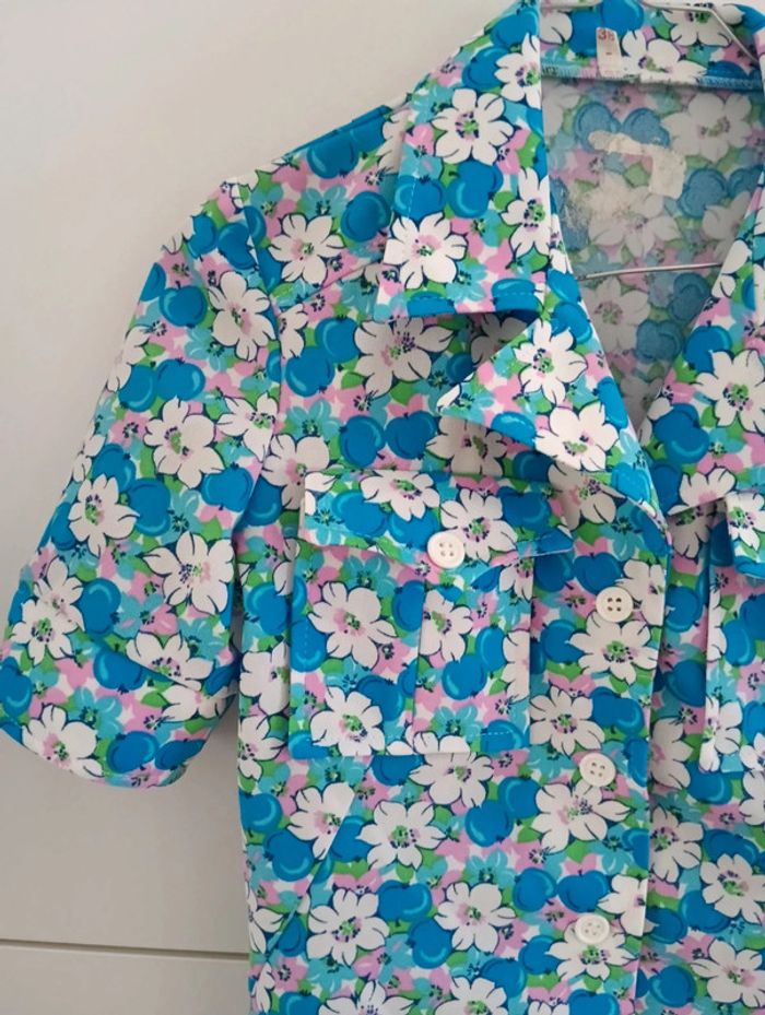 Magnifique Ensemble vintage 70's bleu fleurs roses /blanches taille 34 - photo numéro 6