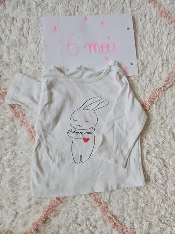 tee shirt manche longue blanc bébé fille garcon mixte lapin 6 mois