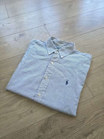 Chemise Ralph Lauren Blanche Rayé Bleu Marine Taille L Logo Brodé Bleu Marine