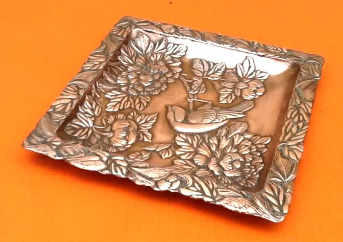 Art Nouveau Vide poche / Baguier Décor floral printanier hirondelle / fleurs Régule cuivré - photo numéro 3