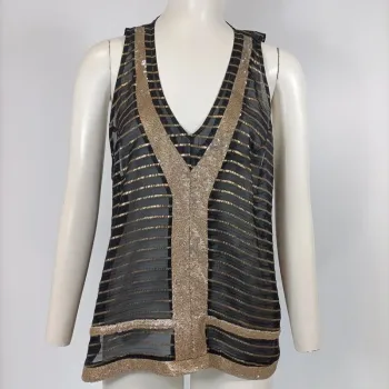 Top Transparent Noir et Dorée Sequin rayé or soie haut élégant fêtes, cérémonies taille 42-44 A208