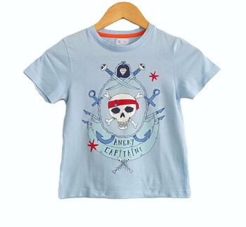 T shirt bleu ciel à tête de mort et épées. La Redoute. Coton. Taille 8 ans. 126 cm
