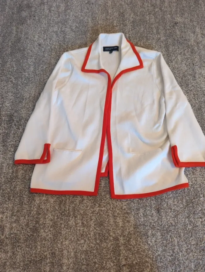 Jones New York Open Front 3/4 Sleeve Sweater White/Orange Trim - photo numéro 2