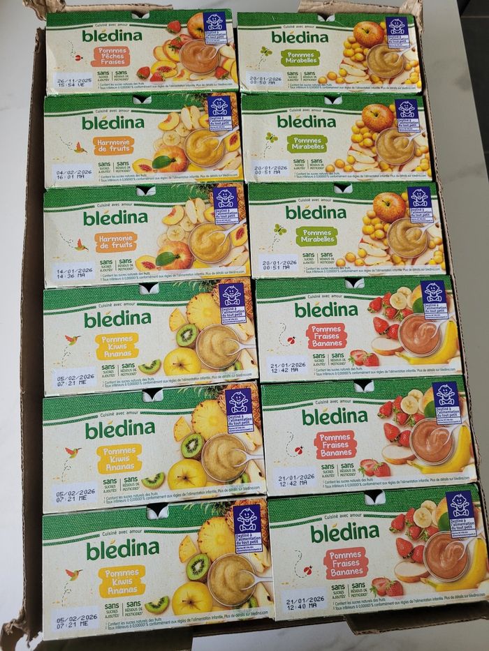 Lot de 48 compotes bledina des 6/8 mois 5 variétés différentes