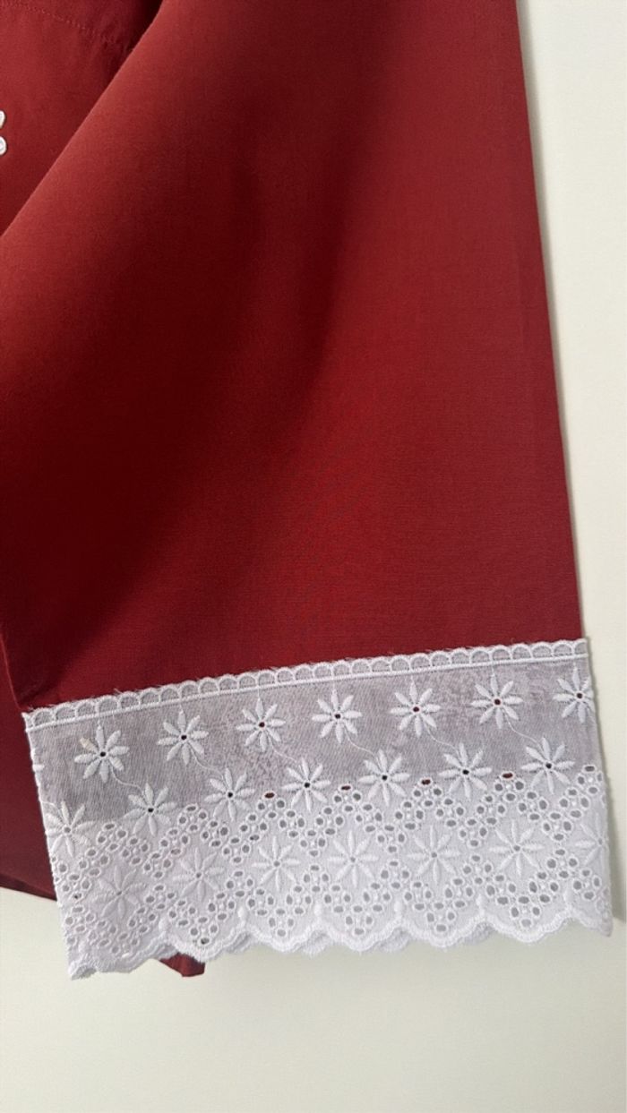 chemise coton fluide oversize rouge brique maxi col chic blanc brodé vintage - photo numéro 5
