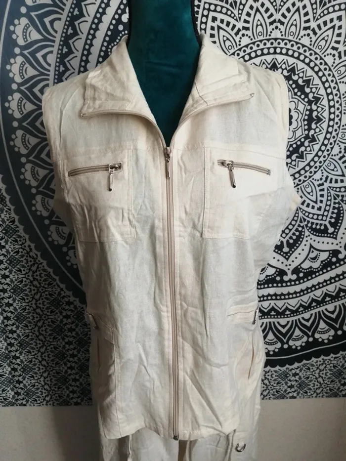 Ensemble pantalon et veste sans manches beige en lin / ouqingda / (XL) - photo numéro 3