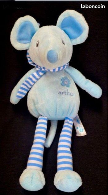 Doudou Souris Arthur et Lola BESISOL Bleu Blanc