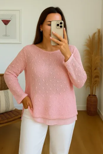 Pull maille crochet plumetis rose