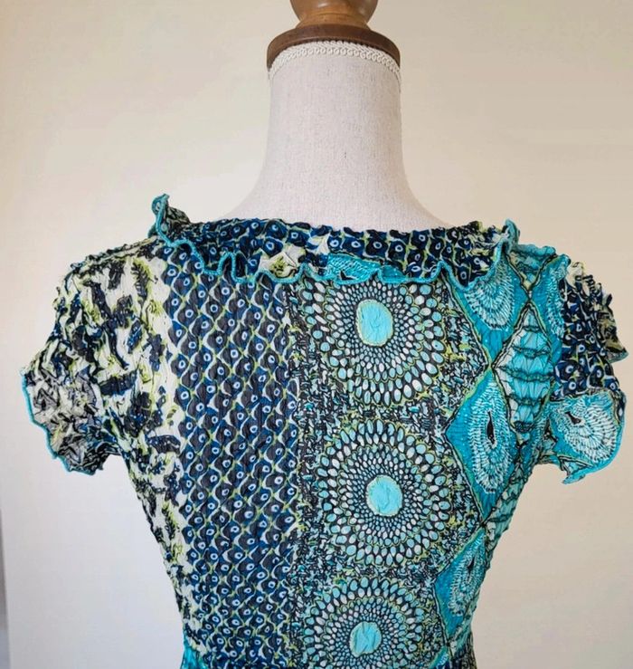 Blouse manches courtes à motifs bleu marine turquoise et vert anis Julie Guerlande Taille 1 ou 34 - photo numéro 5