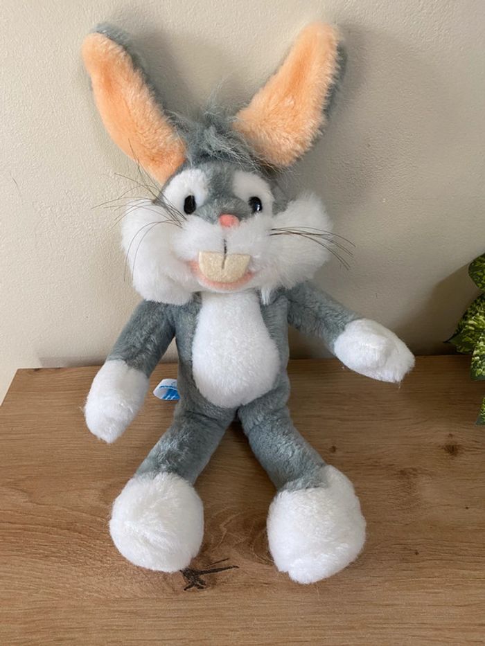 Doudou peluche lapin gris blanc bugs bunny nounours 1990 - photo numéro 2
