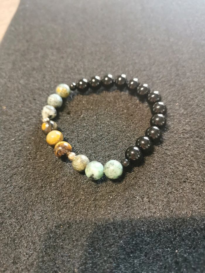 Bracelet tendance pierre 8mm œil de tigre et turquoise africaine - photo numéro 2