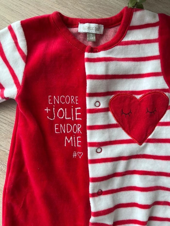 Pyjama / grenouillère Absorba en velour manches longues rouge et blanc taille 3 mois - photo numéro 2