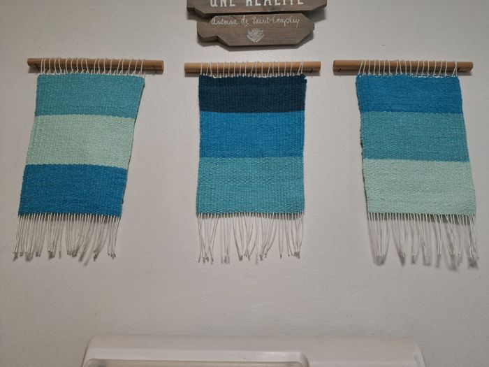 Lot de 3 jolis tissages muraux fils coton tons bleus excellent état - photo numéro 7