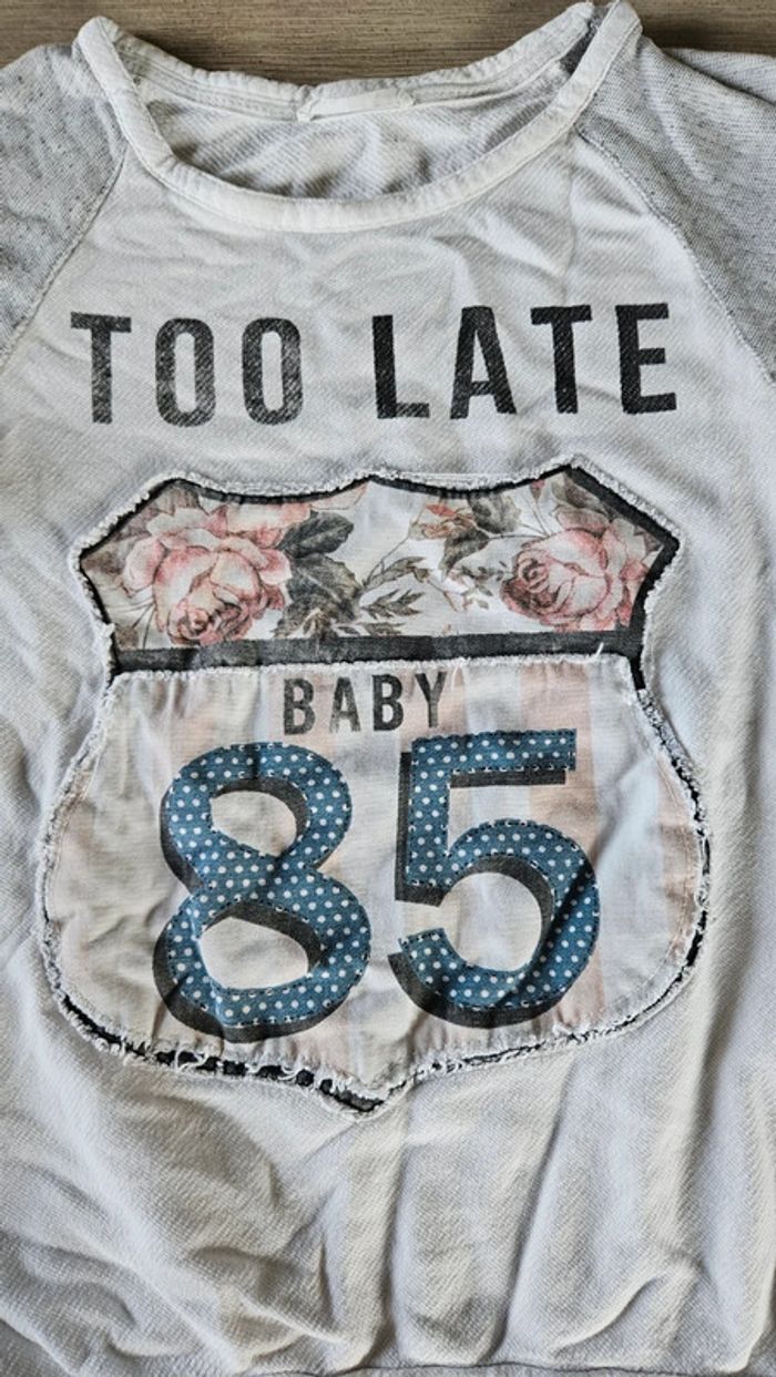 Pull blanc, manches longues, Too Late Baby, Bershka, taille S, nickel - photo numéro 4