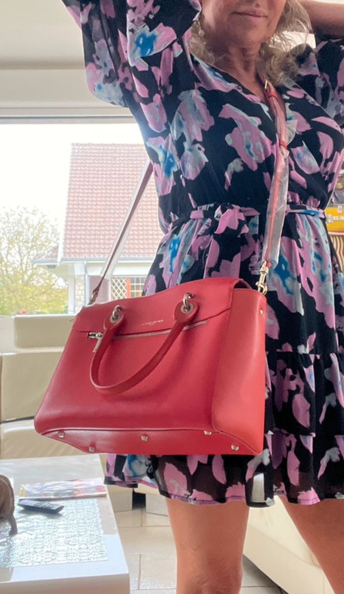 Superbe sac Lancaster tout cuir épaulé ou main rouge orange état neuf - photo numéro 8