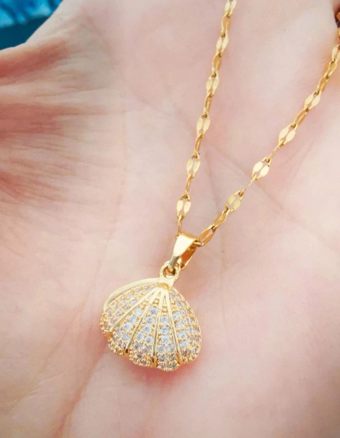 A65 Collier chaîne pendentif coquillage acier inoxydable doré or ajustable - photo numéro 2