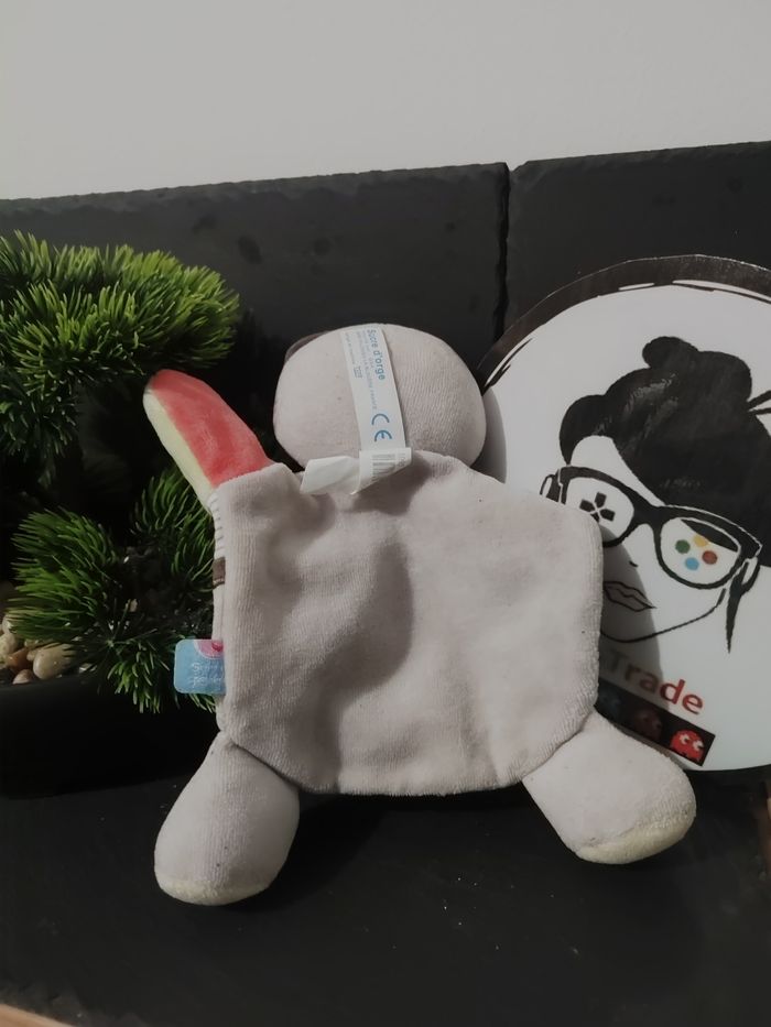 Doudou Raton Laveur Gris Sucre D'orge plat Beige Vert Gris Ceinture Masque Rayé - photo numéro 2