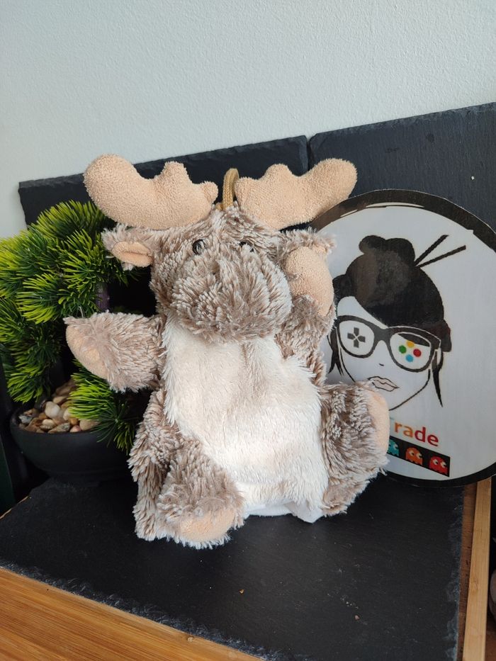 doudou marionnette à main élan caribou cerf marron beige gris blanc roda rodadou