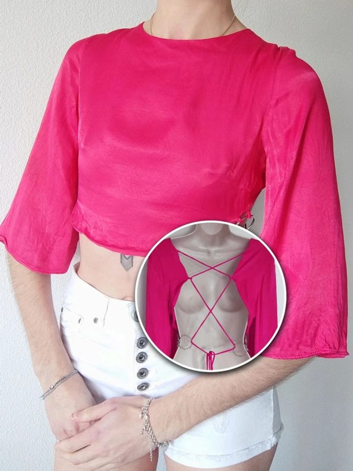 Crop-top satin dos nu manche ample 3/4 fuchsia / Zara - 36/S