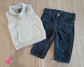Ensemble Débardeur pull sans manches col châle/ pantalon velours fin 3 mois