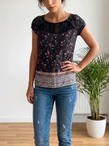 🌸 Top fluide fleuri & dentelle - Naf Naf – Style Bohème Chic - XS