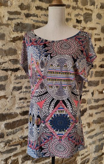 Blouse tunique manches courtes motifs plumes Camaïeu Taille 42