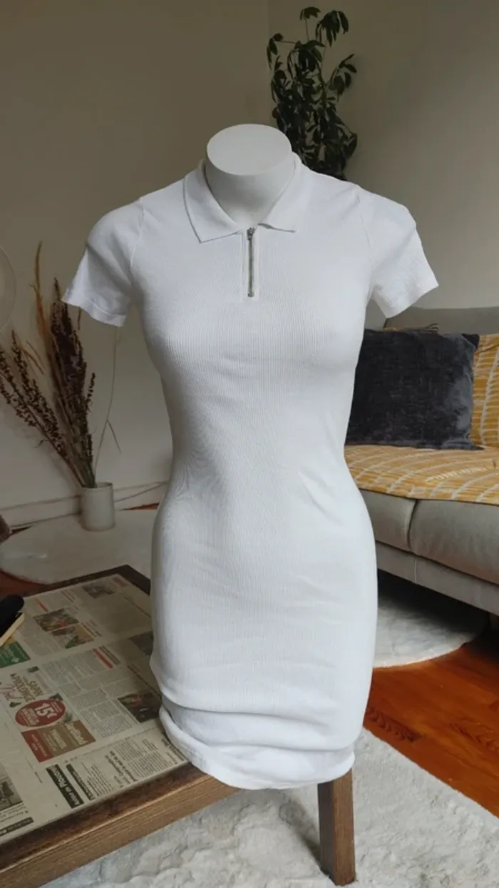 Robe polo blanc manches courtes côtelé mi-cuisse - photo numéro 2