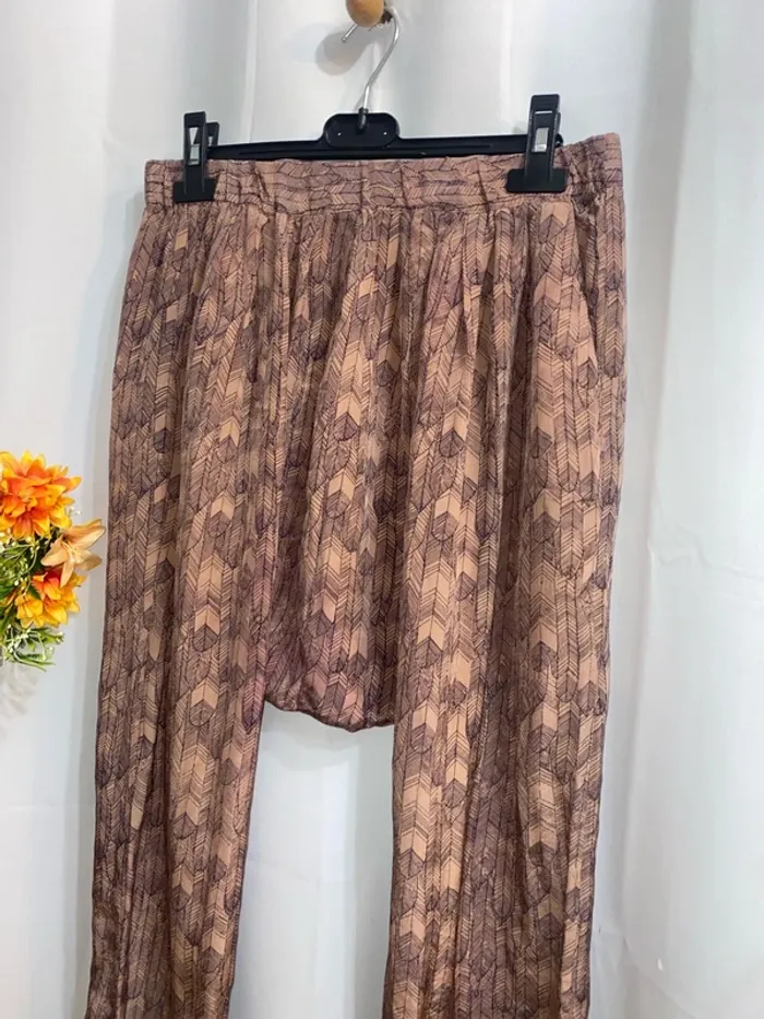 Sarouel pure soie Maje taille élastique marron avec motifs taille L = 40/42 neuf - n41p - photo numéro 2