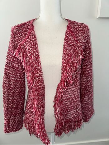 Blazer cardigan en tweed et franges rose fuchsia argenté et blanc Maje T3 40 L