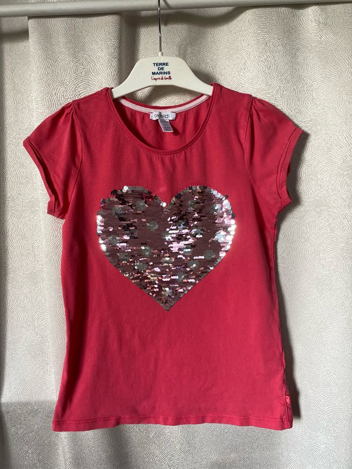 T-shirt rose bonbon Coeur en sequins 10 ans Okaidi