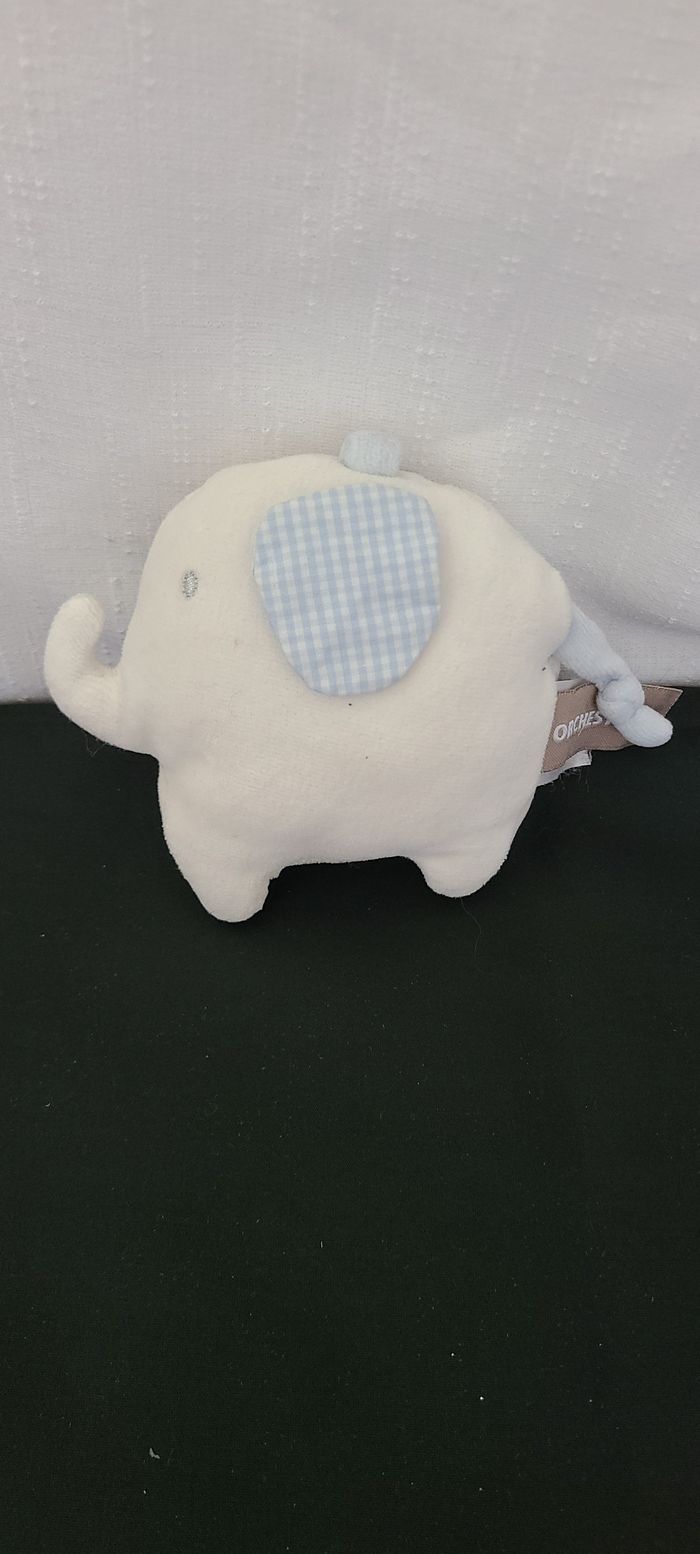 Doudou Peluche Elephant  Orchestra Blanc Bleu Grelot