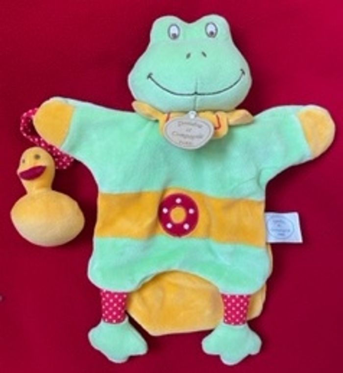 Marionnette grenouille avec canard grelot - doudou et compagnie