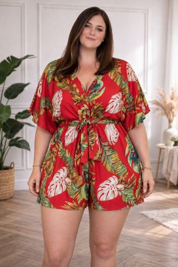 Combishort forêt tropicale incandescante rouge et multicolore Femme taille 54 marque Ulla Popken 💍 