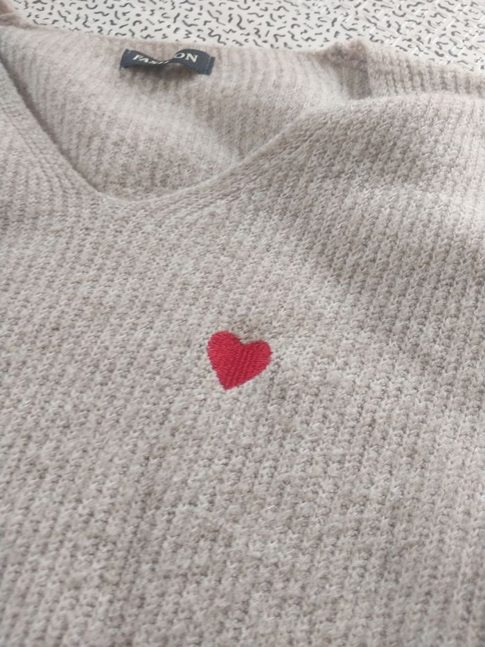 pull beige cœur rouge femme doux chaud taille 36 38 40 oversize tendance - photo numéro 3