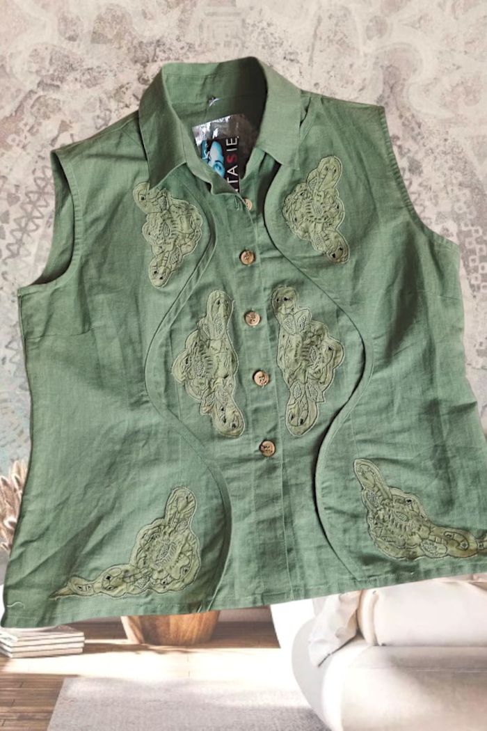 Chemise brodée sans manche en lin et coton kaki -M